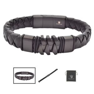 Men’s Genuine Black Leather Stainless Steel Bracelet BLACKJACK